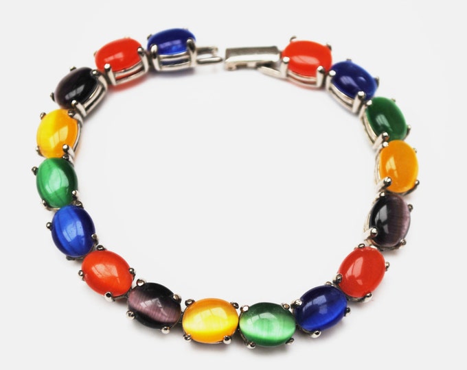 Colorful Cats Eye Link Bracelet - Fiber optic glass cabochon - Silver Plated