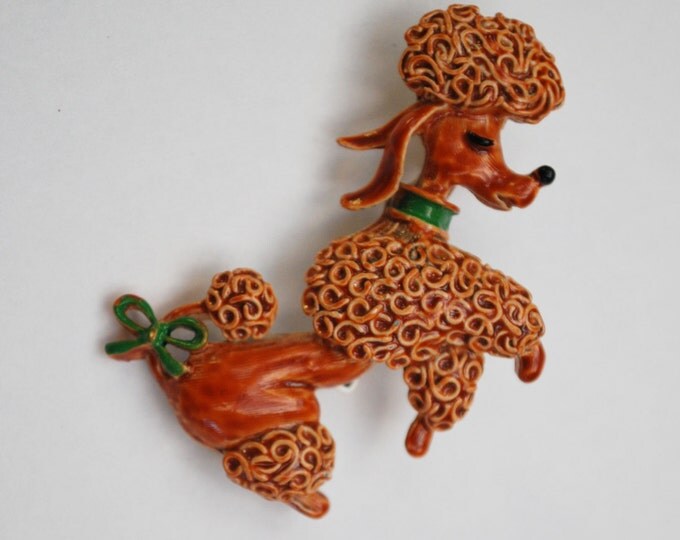 Poodle dog Brooch- brown enamel - signed Gerry - fiqurine Pin