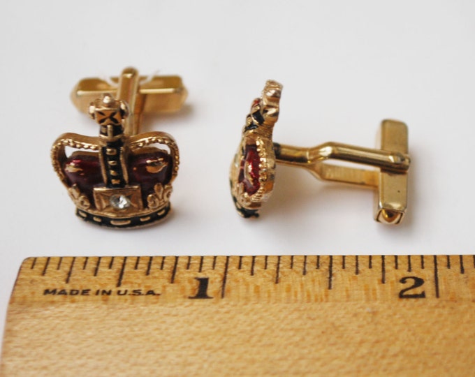 Swank Crown Cuff links - Red clear Rhinestone - Gold - Heraldic -Cufflinks