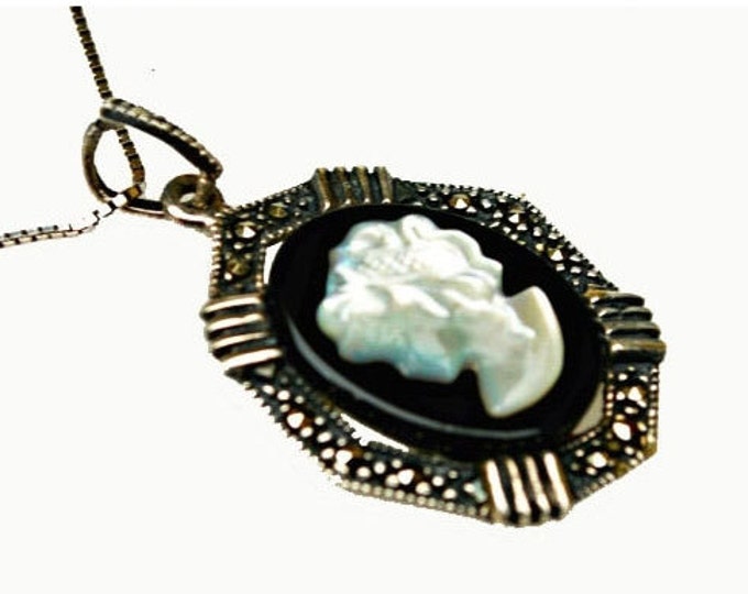 Cameo necklace - Sterling Silver Marcasite - White Mother of Pearl - black Onyx -Women profile