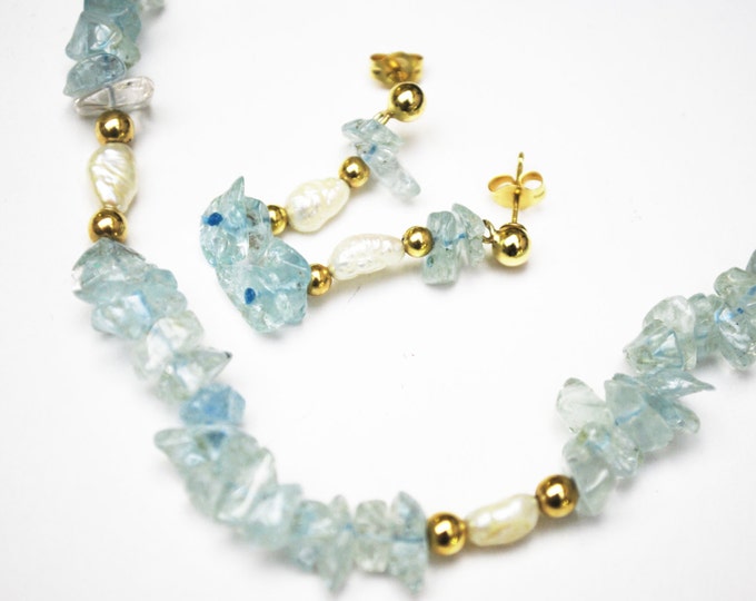 Aquamarine Fresh water Pearl and 14kt gold bead light blue gemstone bead necklace and esrring set