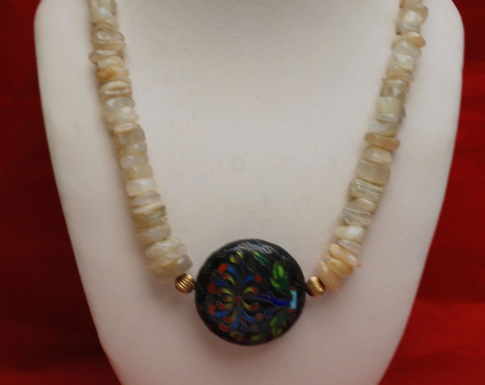 Boho Necklace with Cloisonne Enamel on a polish Chalcedony Agate nugget bead