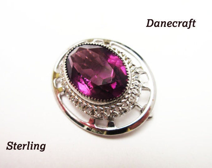 Sterling Brooch - Amethyst Purple Glass - Danecraft signed -