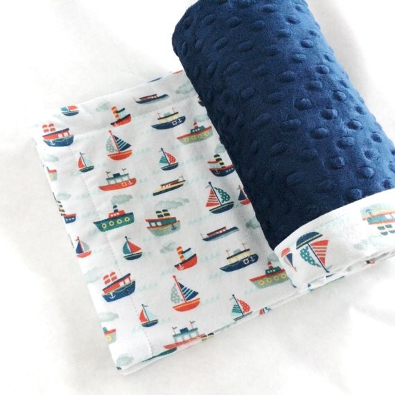 Nautical Baby Blanket with Navy Minky Boats Fabric Modern