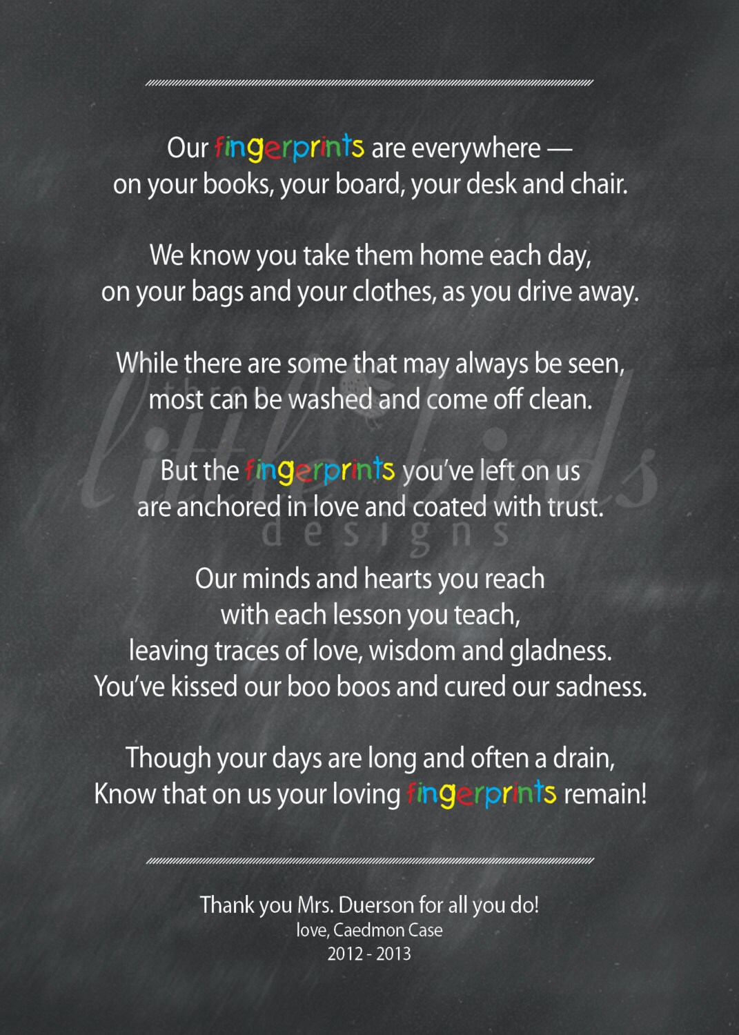 Teacher / Nanny / Babysitter thank you poem Fingerprints