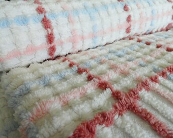 SALE...Pink, Blue, and Brown Plush Lines and Plaid on White Morgan Jones Vintage Chenille Bedspread Fabric ,,,18 x 24"