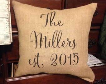 Burlap pillow, family name pillow, personalized pillow, Mother's Day gift