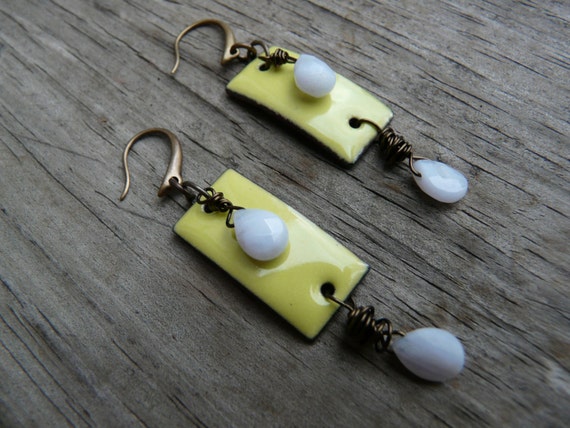 Daphne earrings.  Green apple and pale blue brass earrings.  Gift for Her.