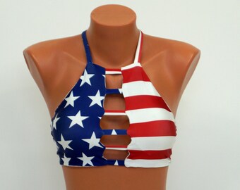 PADDED Strappy High neck halter top-Swimwear-Swimsuit-Bathing suit-Flag bikini-4th July-Choose your color-XS-S-M-L-XL