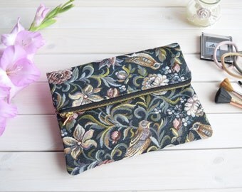Birds fold over clutch, zipper purse, evening bags, bridesmaids clutch, wedding clutch, evening clutch, bags and purses, pouch purse, bag