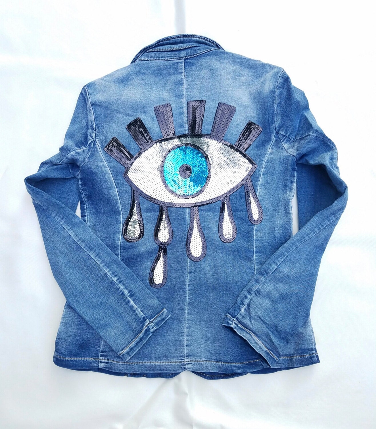 Distressed Denim Blazer Evil Eye Jacket Good Luck Sequin Eye
