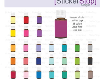 Essential Oils Clipart 28 colors, PNG Digital Clipart - Instant download - aromatherapy, glass bottle, amber bottle, white cap