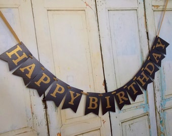 Happy Birthday Banner, Add Year, Mens Birthday Decoration, Adult Birthday Sign, Black and Gold Birthday Sign Happy 30th Birthday, 40th, 50th