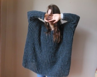 Oversized Plus Size Hand Knit Sweater Tunic Loose Knit Women's Sweater Dark Gray Carcoal