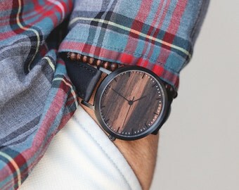 Men's Wood Watch, Wood Watch For Men with Leater Strap, Groomsmen Gift, Sandalwood Men's Watch - HELM-SB