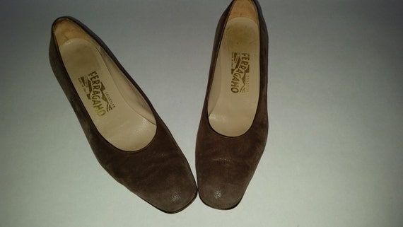 80's Ferragamo Pumps Vintage Brown Suede Chunky Low Heel