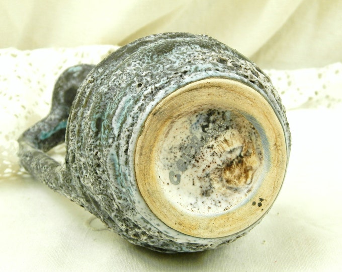 Vintage French Mid Century Black and White Lava Vase Jug, 1960s Vallauris Bubble Dark Glaze Ecume des Mers, 1950s Design Tall Necked Pot