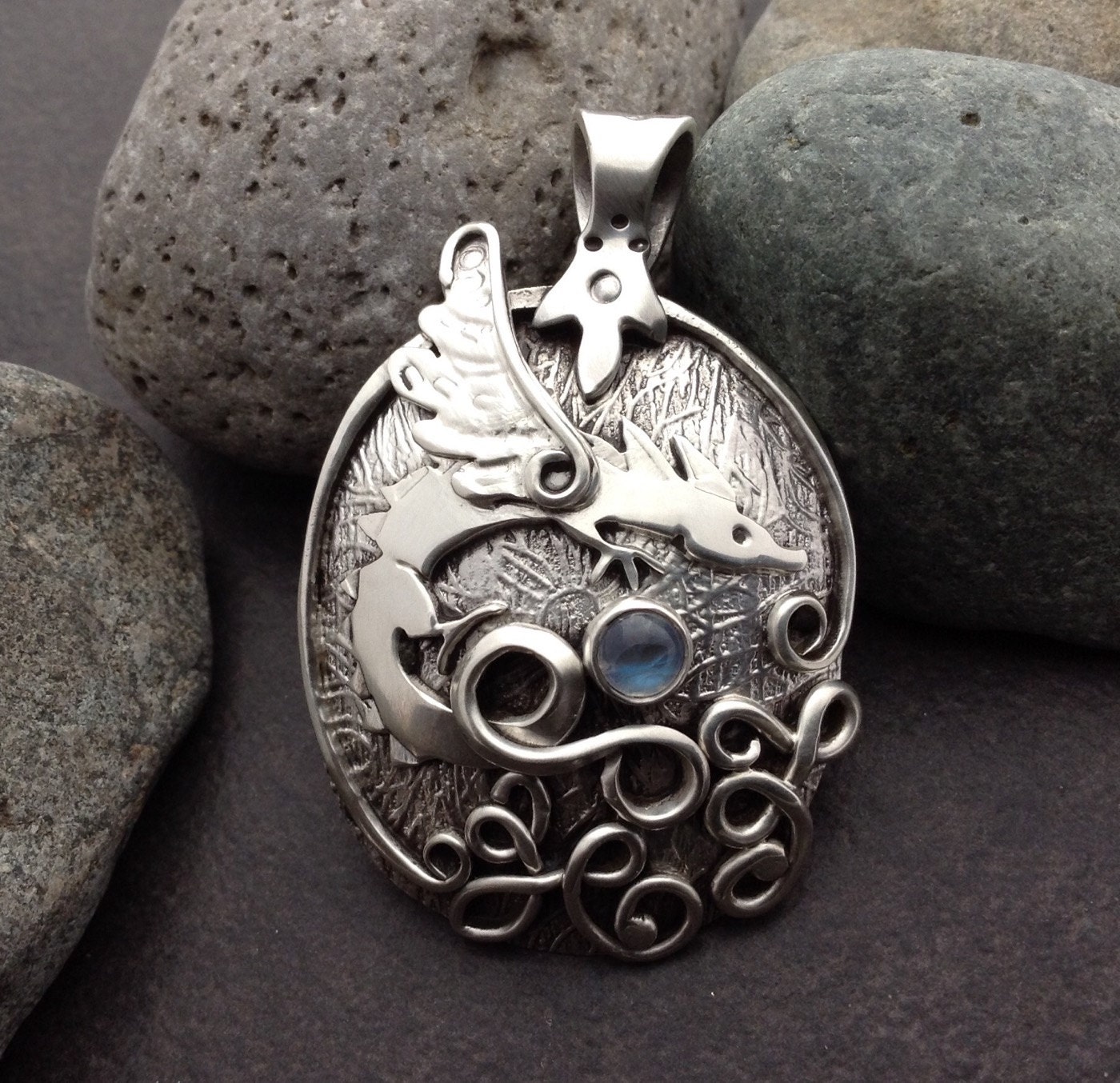 Blue moonstone & dragon pendant medium sized solid sterling