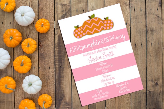 Little Pumpkin Baby Shower Invitation - Fall Baby Shower - Large Pink Stripes - Printable Il_570xn