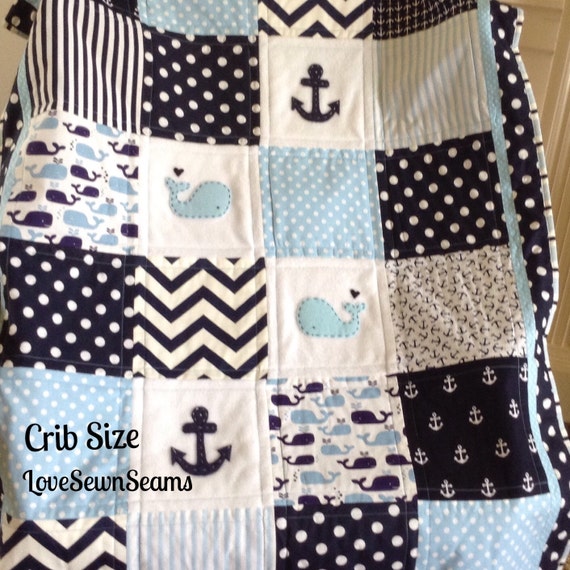 Nautical Anchor & Baby Whale quilt in Soft Blue navy gray In