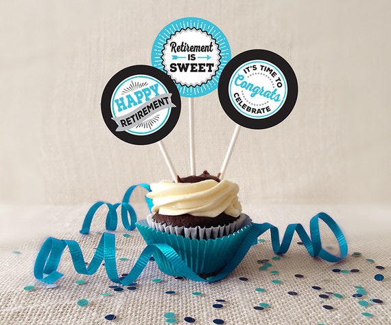 Retirement Cupcake Toppers PRINTABLE Black and Turquoise 2