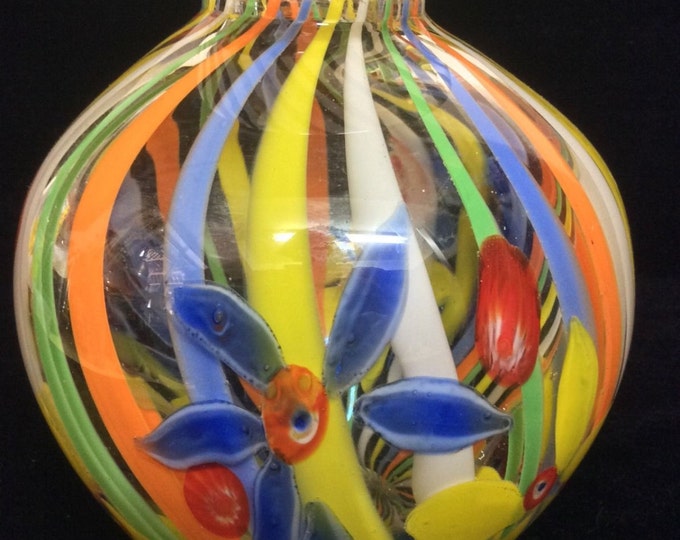 Blown Glass Vase Contemporary Home Decor Stripes and Flowers Housewarming Gift