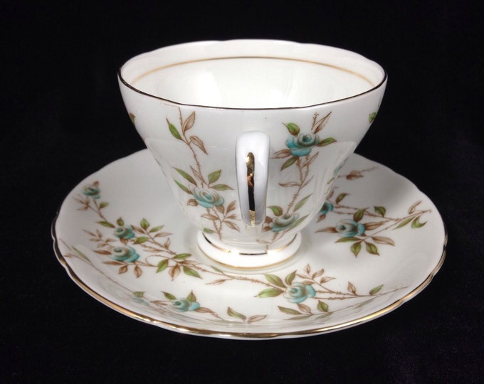 Tuscan Teacup and Saucer Set With Blue Roses, Gold Trim, Vintage Bone China Cup and Saucer