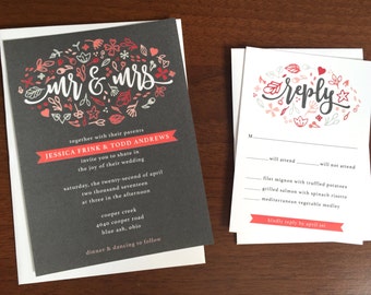 Grey & Peach Doodles Wedding Invitations