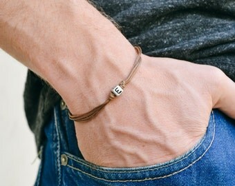 Initial bracelet, customised men's bracelet, silver charm, english letter, brown cord, Personalised monogram bracelet for men, gift for him