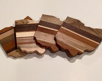 Ohio coasters, ohio proud, hardwood coasters, gourmet gift, handmade, one of a kind, ohio shaped coasters