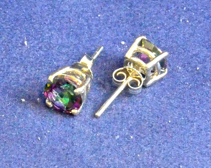 Rainbow Mystic Topaz Studs, 7mm Round, Natural, Set in Sterling Silver E980