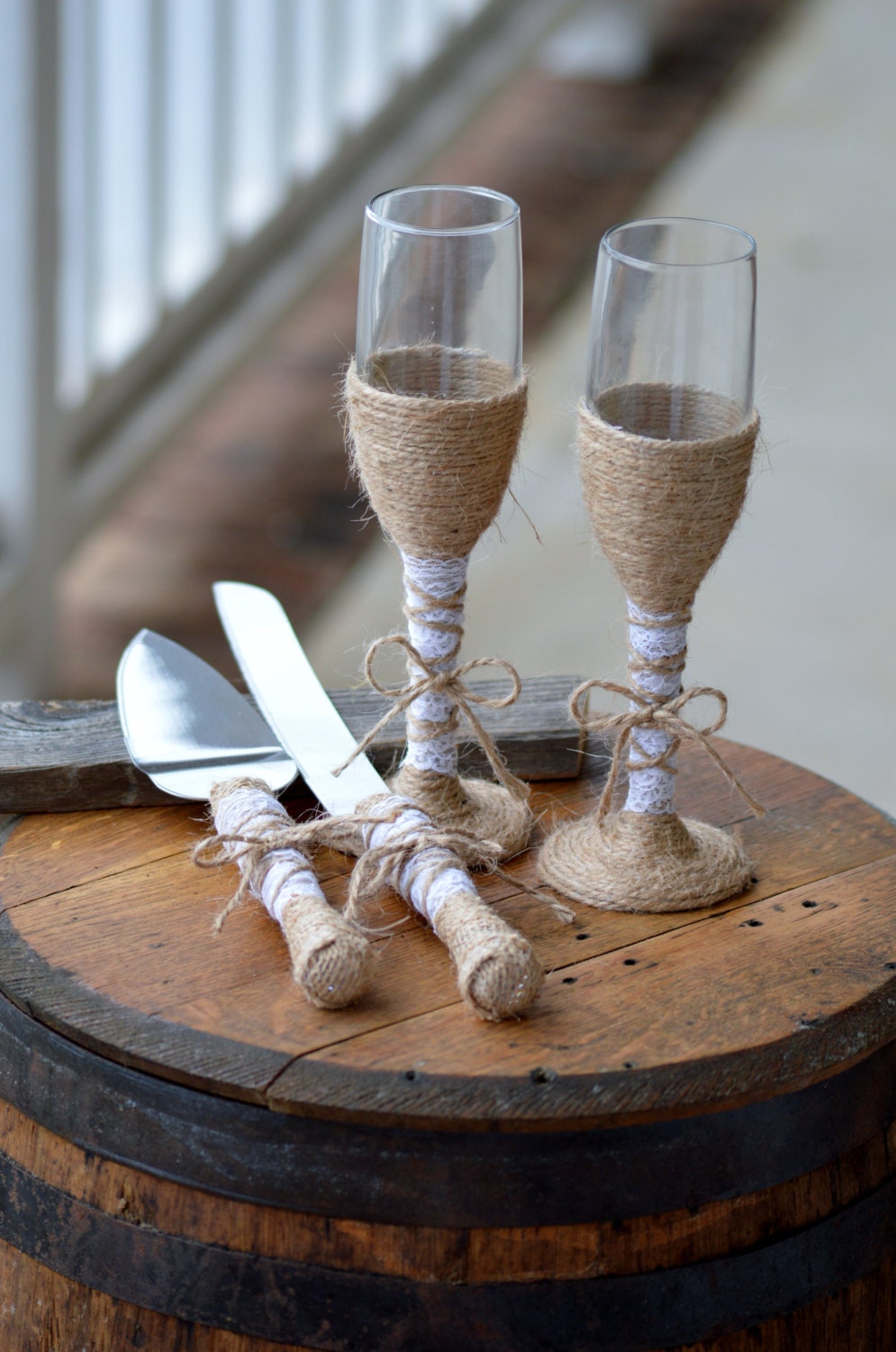 rustic cake knife and glasses set burlap wedding cake serving