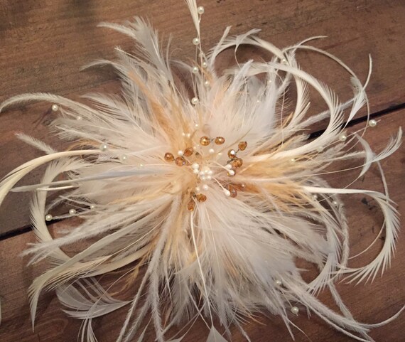 Ivory Gold feather fascinator hair clip by BridalFascinators