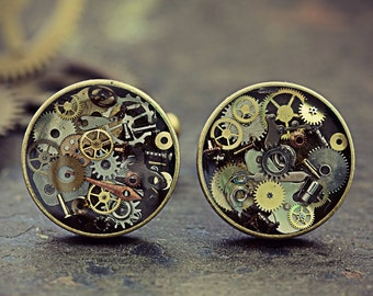 Steampunk Watch Part Cufflinks Steam Punk Jewelry For Men Round Cuff Links Eco Friendly Resin Cyberpunk Recycled Upcycled Gears Cogs Bronze