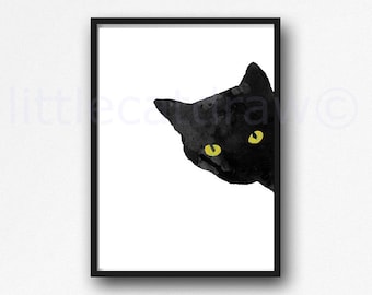 Sneaky Cat Print Black Cat with Golden Yellow Eyes Bedroom Wall Decor Watercolor Cat Art Black Cat Painting Watercolour Wall Art
