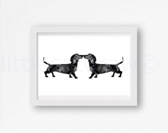 Dog Print Black Dachshund Sausage Dogs Print Kiss Dogs Kissing Watercolor Painting Print Dog Watercolour Wall Art Watercolor Doxie Dog