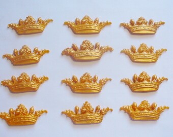 12 GOLD CROWNS Edible Fondant Cupcake Toppers Cake Decorations