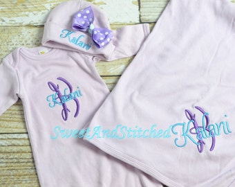 Personalized Baby Blanket purple, Baby girl layette gift set, mongrammed newborn gown, personalized baby blanket and newborn hat lavender