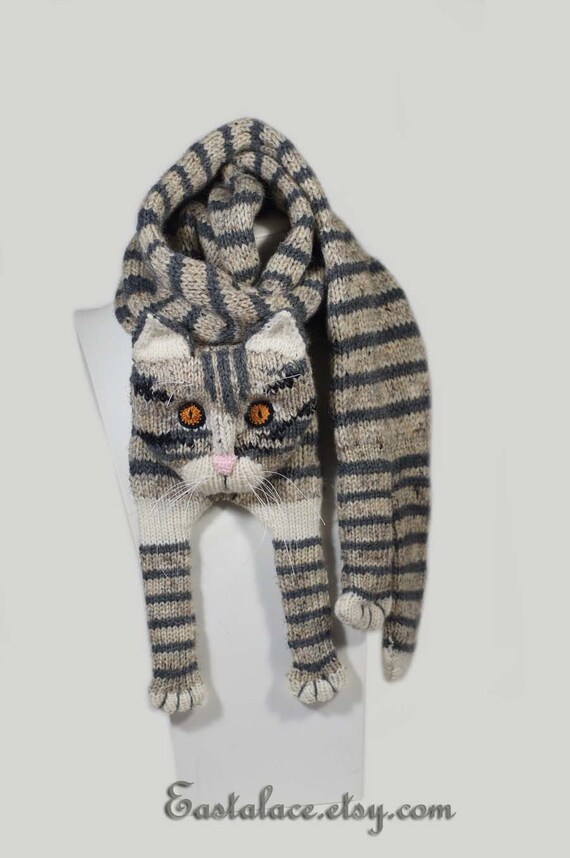 Tabby Gray Cat Scarf Knitting Scarf Gray Scarf Cowl by