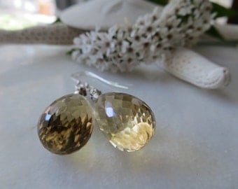 Golden Quartz Earrings, Drop Earrings, Semi-precious Gemstone Briolette Earrings, Sterling Silver Earrings, Faceted Briolette Stone Earrings