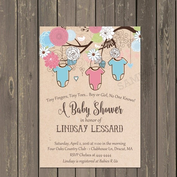Floral Tree Baby Shower Invitation, Gender Neutral Shower in pink and blue, Gender Reveal Shower Invitation, Printable or Printed Il_570xn