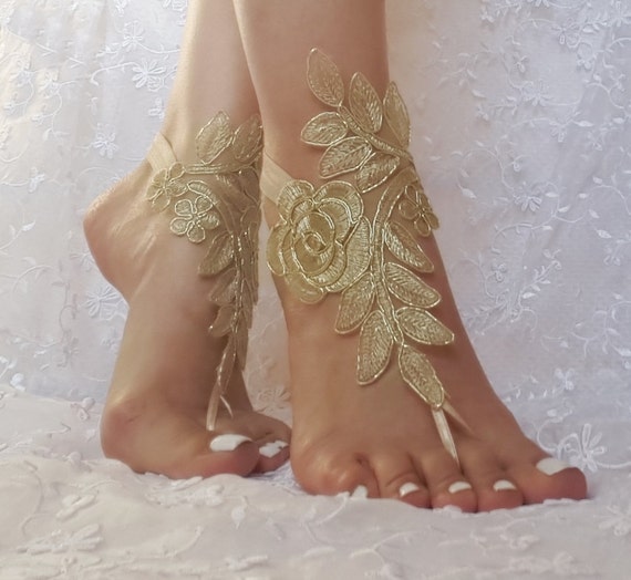 Gold beach sandals barefoot lace free ship bridal burlesque wedding shoe sexy bellydance show party