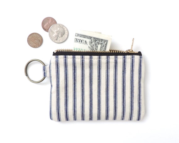Keychain Coin Purse Slim Wallet Zipper Pouch Recycled Ticking