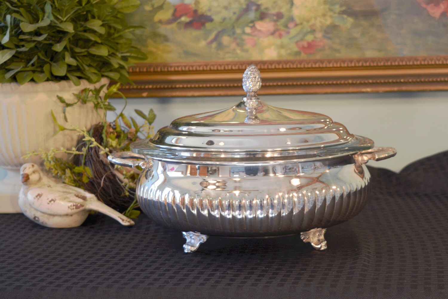 Silver Covered Serving Dish Fluted Silver Plate Hot Water Warming