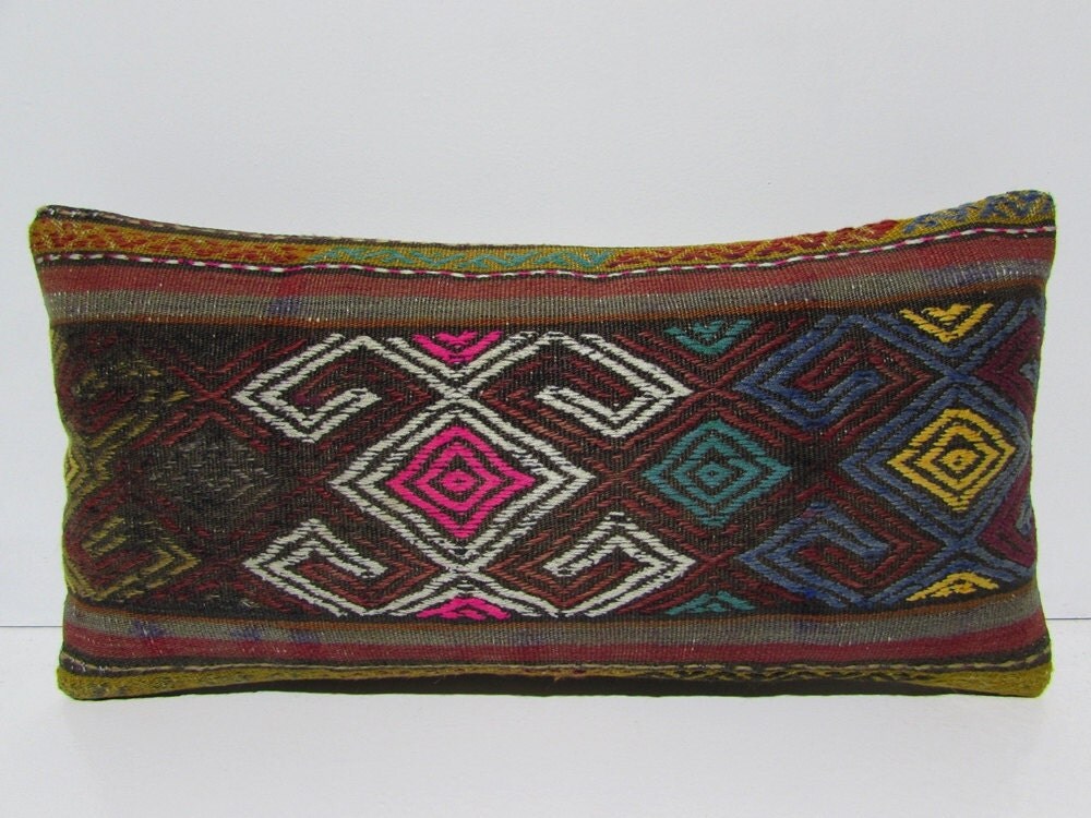 HAND WOVEN pattern kilim pillow sham big lumbar pillow rug