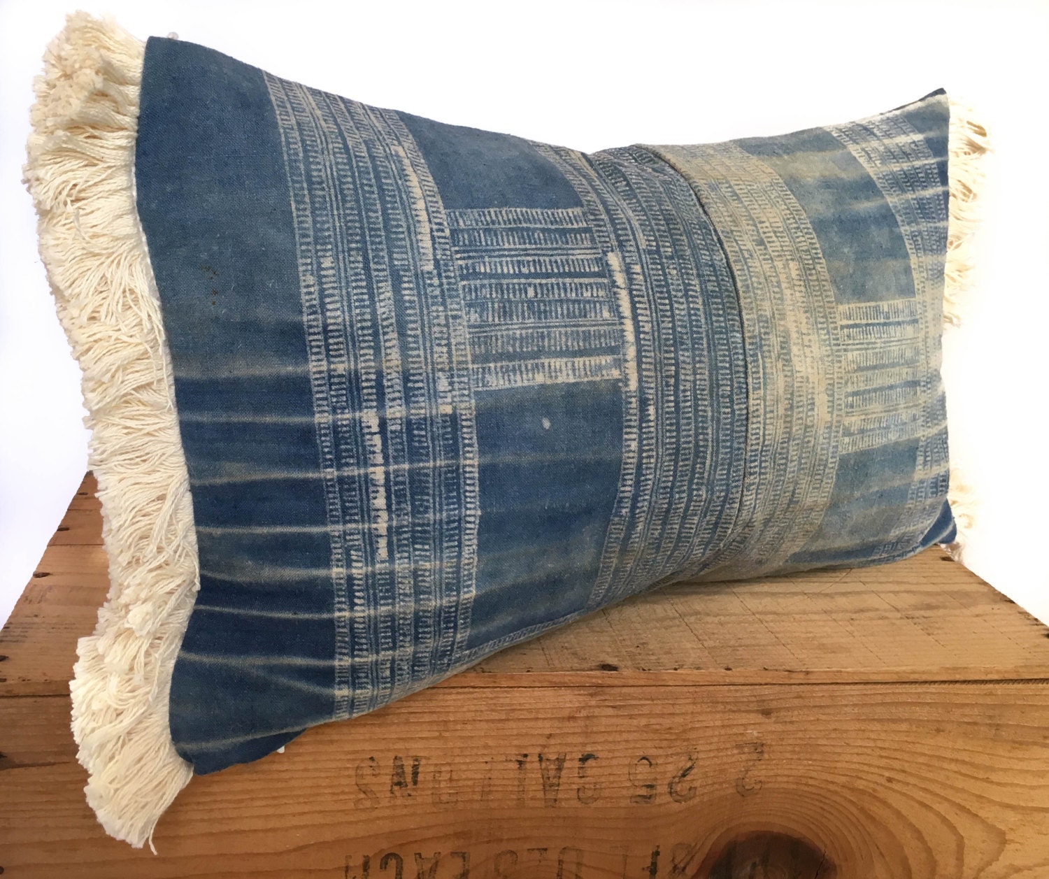 12x20 inch Vintage Indigo Hmong Pillow Cover with Fringe