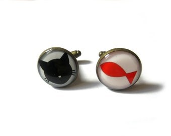 BLACK CAT CUFFLINKS - Cat Cufflinks - Fish Cufflinks - Animal Cuff Links - Pet Cufflinks - Gifts for Men - Woodland Animal Cufflinks