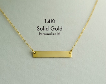 14K Gold Bar Necklace, Real Gold Bar Necklace Name Initial Personalized, Solid Gold Bar Necklace, 14k Rose Gold Bar, 14K White Gold,