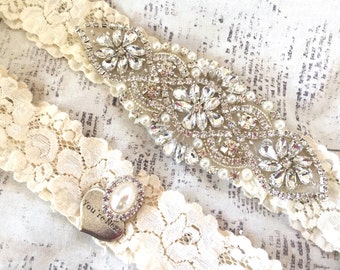 Wedding Garter Set Ivory, Wedding garter belt, wedding garter ivory, wedding garter set, stretch lace garter, crystal rhinestone garter set