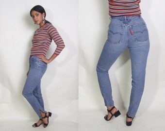 Vintage 80s Levis High Waist Skinny Blue Jeans Denim Pants Zipper Ankled